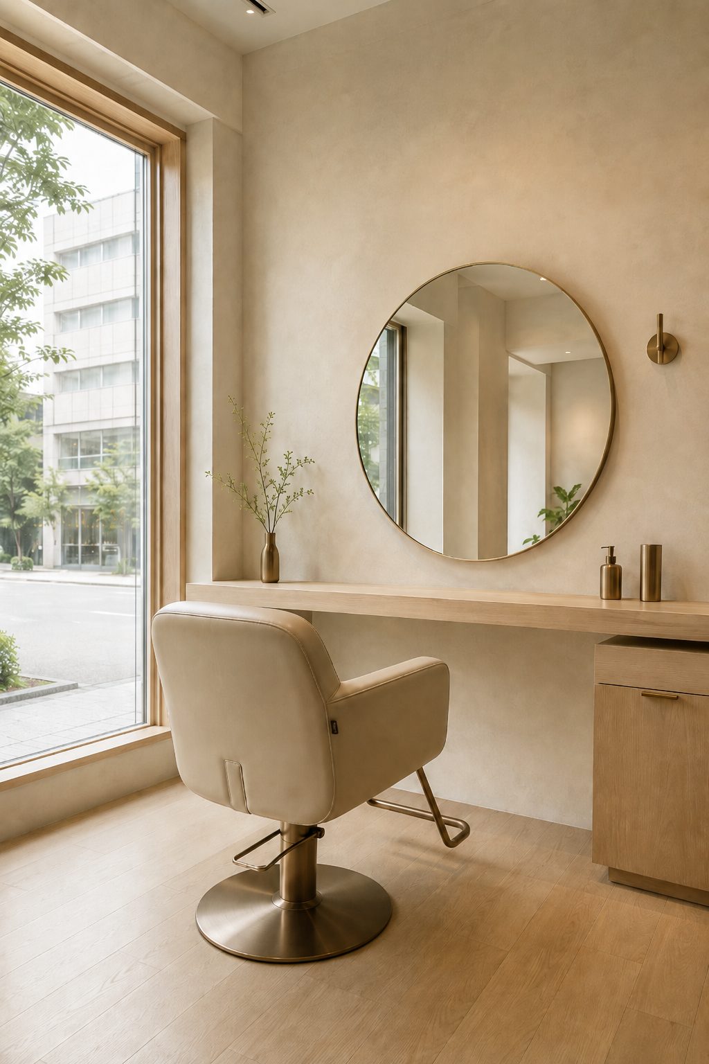 hair salon Luce の店内。窓辺の丸鏡とスタイリングチェア
